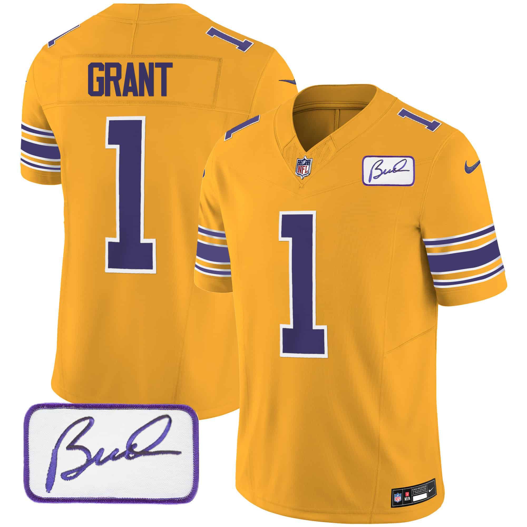 Men Minnesota Vikings 1 Grant Yellow 2024 Nike Bud Grant Patch Classic Limited NFL Jersey